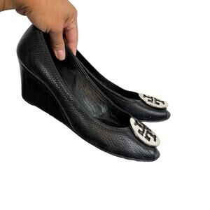 Tory Burch Sally Wedge Heels Peep Toe Black Silver - 9.5